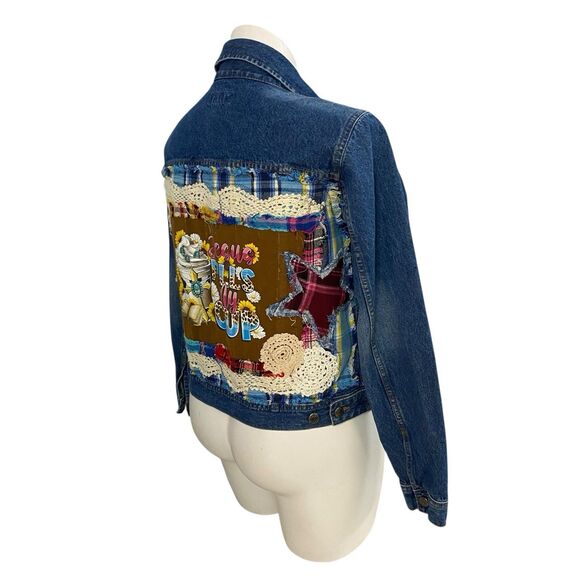 Upcycled Denim Jacket Womens Sz Large Christian Coffee Grunge Patchwork Folk Art - Picture 8 of 16